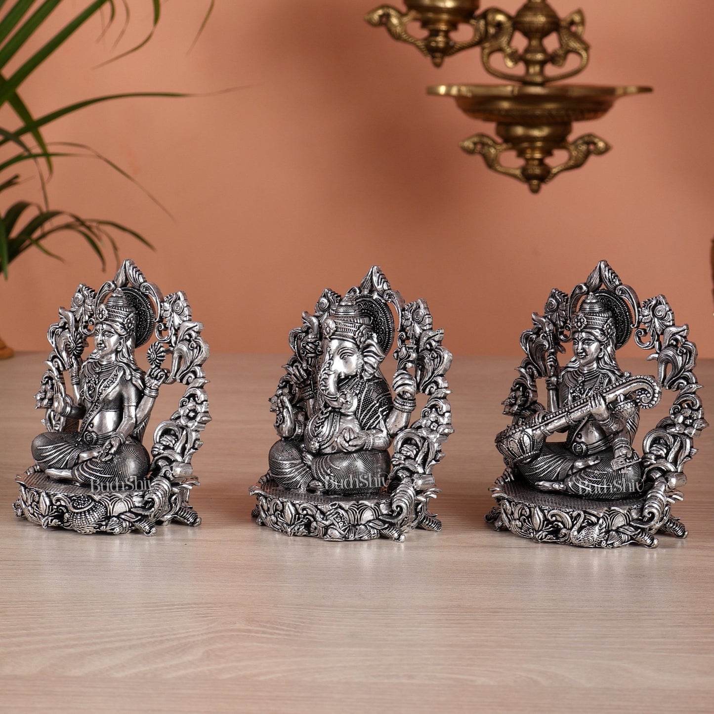 Pure Brass Ganesh Lakshmi Saraswati Idol - 4 Inch silver plated - Budhshiv.com