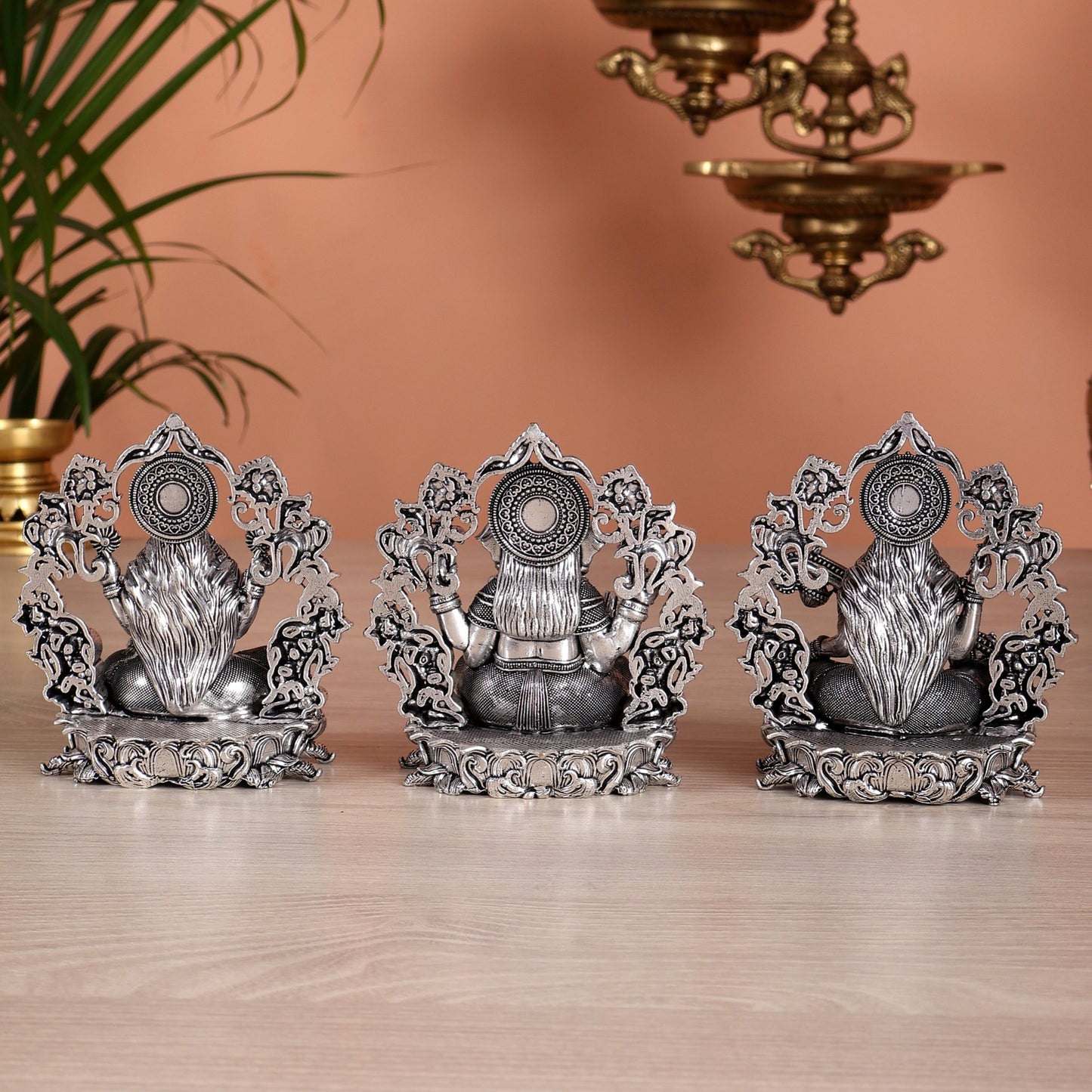 Pure Brass Ganesh Lakshmi Saraswati Idol - 4 Inch silver plated - Budhshiv.com