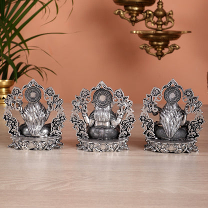 Pure Brass Ganesh Lakshmi Saraswati Idol - 4 Inch silver plated - Budhshiv.com