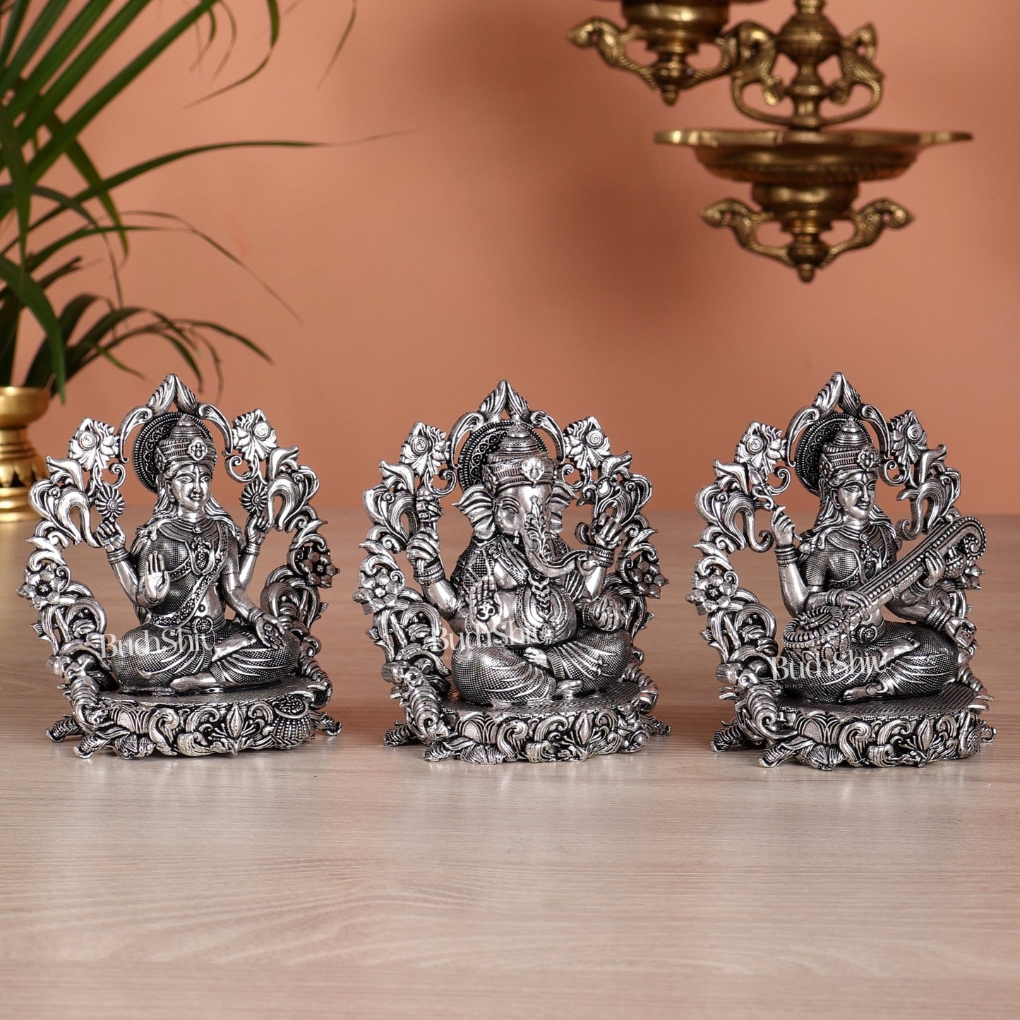 Pure Brass Ganesh Lakshmi Saraswati Idol - 4 Inch silver plated - Budhshiv.com