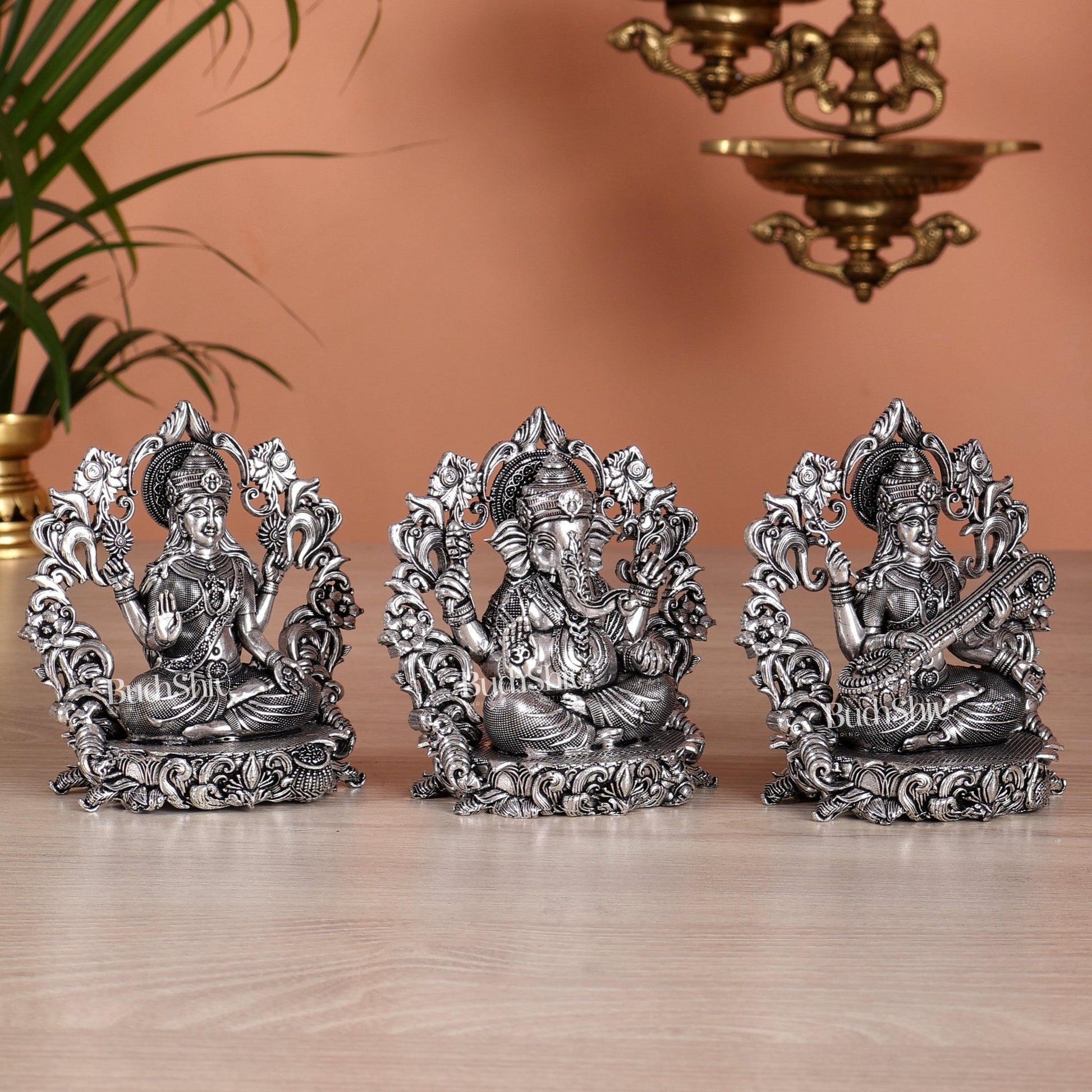 Pure Brass Ganesh Lakshmi Saraswati Idol - 4 Inch silver plated - Budhshiv.com