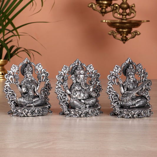 Pure Brass Ganesh Lakshmi Saraswati Idol - 4 Inch silver plated - Budhshiv.com