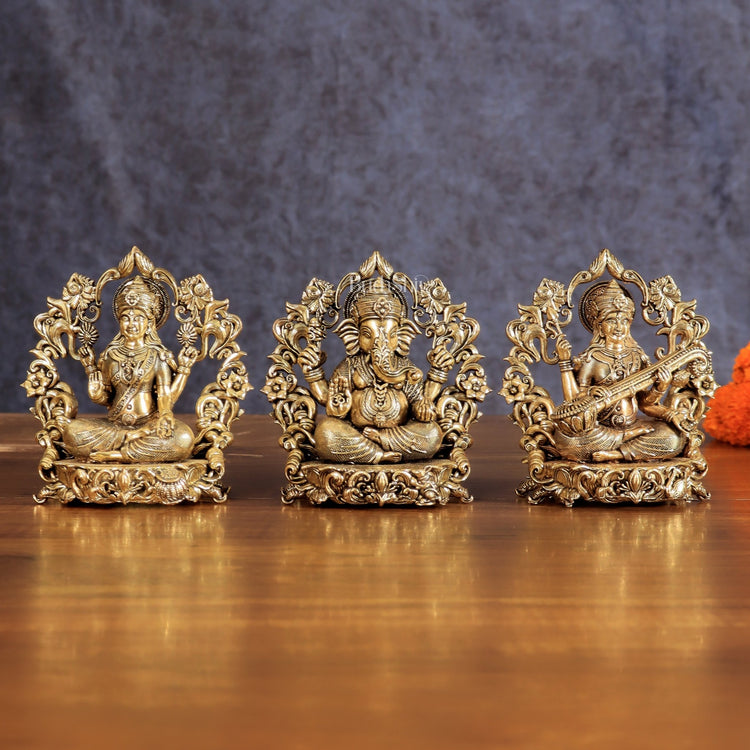 Pure Brass Ganesh Lakshmi Saraswati Idol - 4 Inch - Budhshiv.com