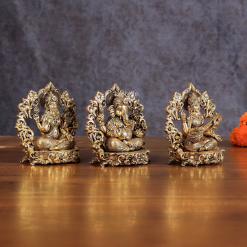 Pure Brass Ganesh Lakshmi Saraswati Idol - 4 Inch - Budhshiv.com