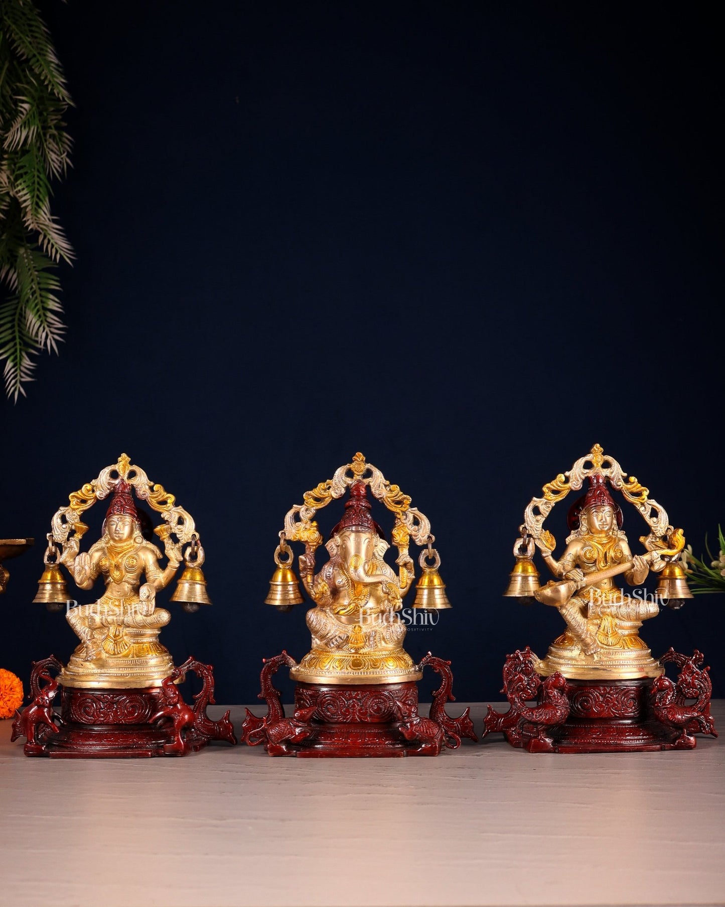 Pure Brass Ganesh Lakshmi Saraswati Idol Set 8.2 inch - Budhshiv.com