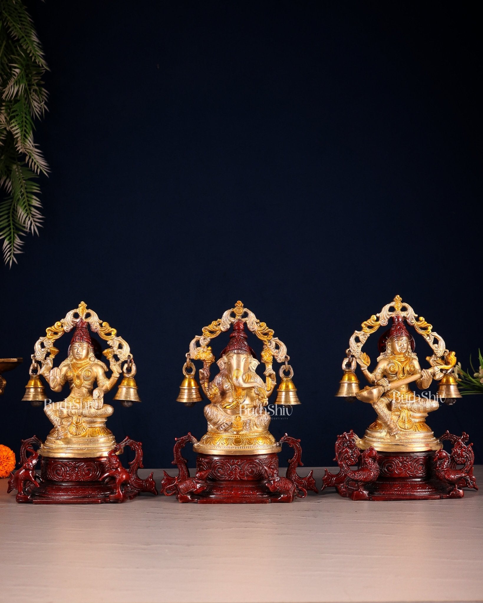 Pure Brass Ganesh Lakshmi Saraswati Idol Set 8.2 inch - Budhshiv.com