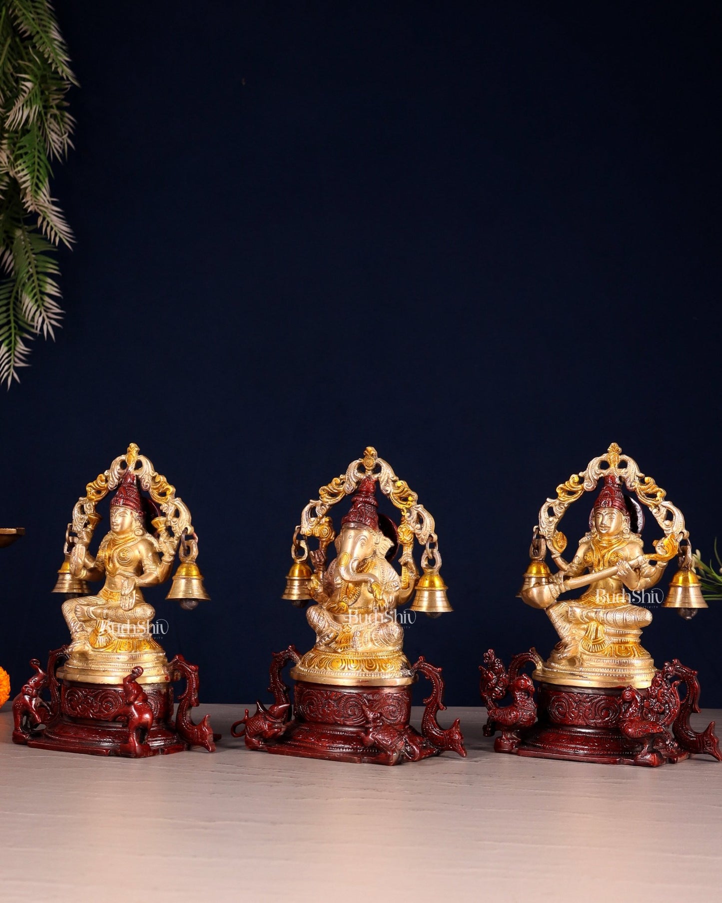 Pure Brass Ganesh Lakshmi Saraswati Idol Set 8.2 inch - Budhshiv.com