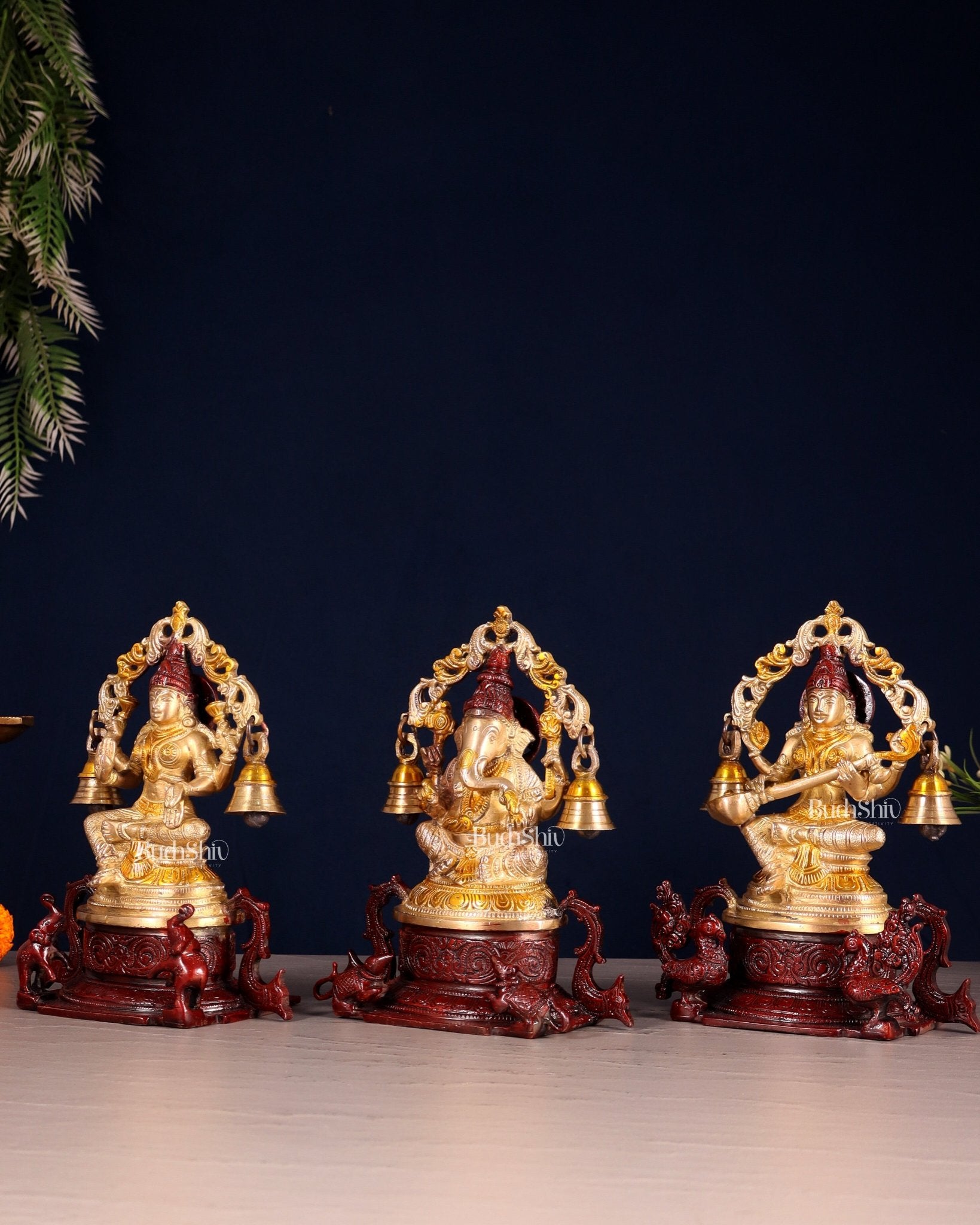 Pure Brass Ganesh Lakshmi Saraswati Idol Set 8.2 inch - Budhshiv.com