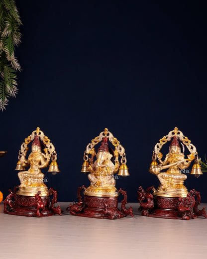 Pure Brass Ganesh Lakshmi Saraswati Idol Set 8.2 inch - Budhshiv.com