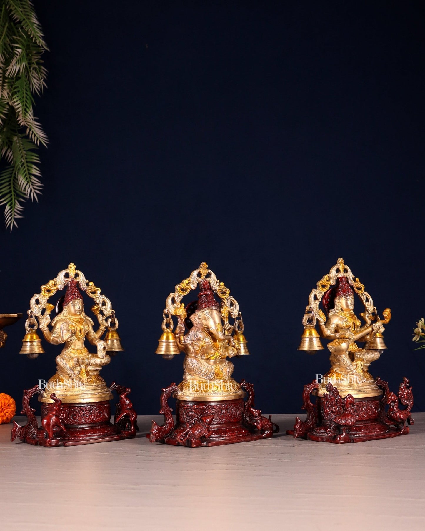 Pure Brass Ganesh Lakshmi Saraswati Idol Set 8.2 inch - Budhshiv.com