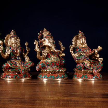 Pure Brass Ganesh Lakshmi Saraswati Idol Set – Intricate Floral Stonework 9.5 inch - Budhshiv.com