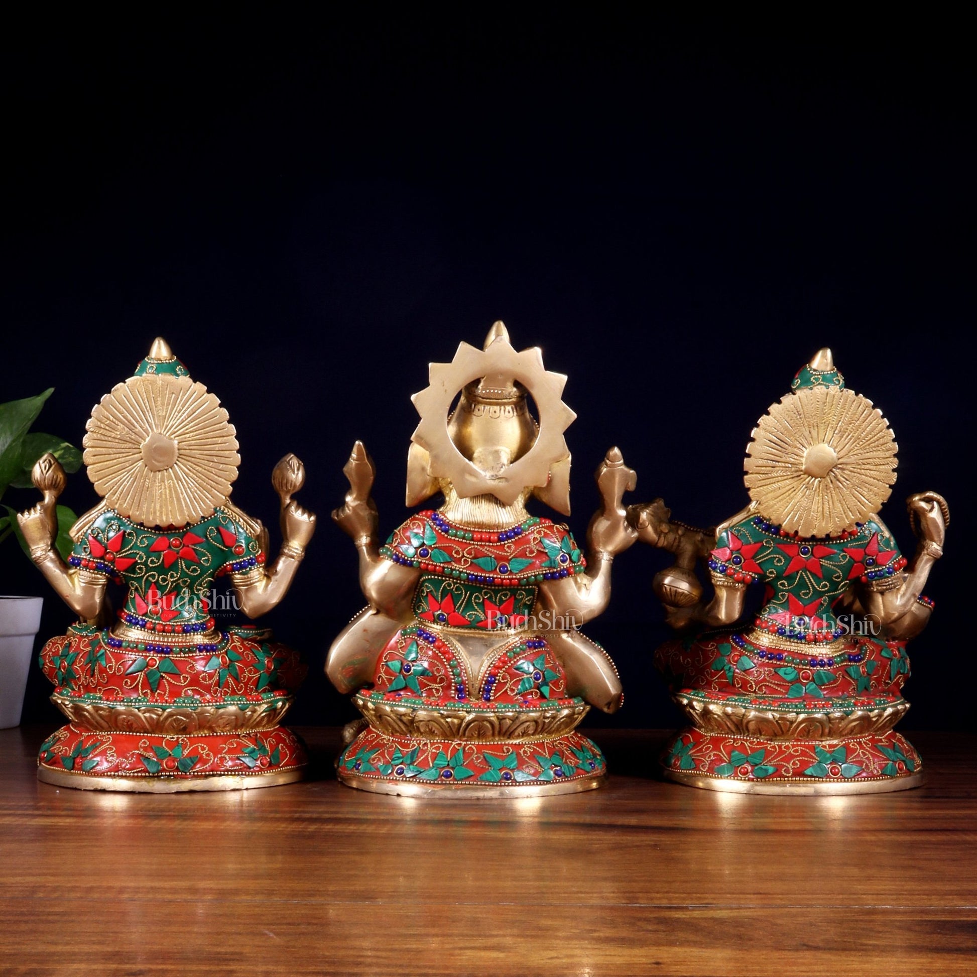 Pure Brass Ganesh Lakshmi Saraswati Idol Set – Intricate Floral Stonework 9.5 inch - Budhshiv.com