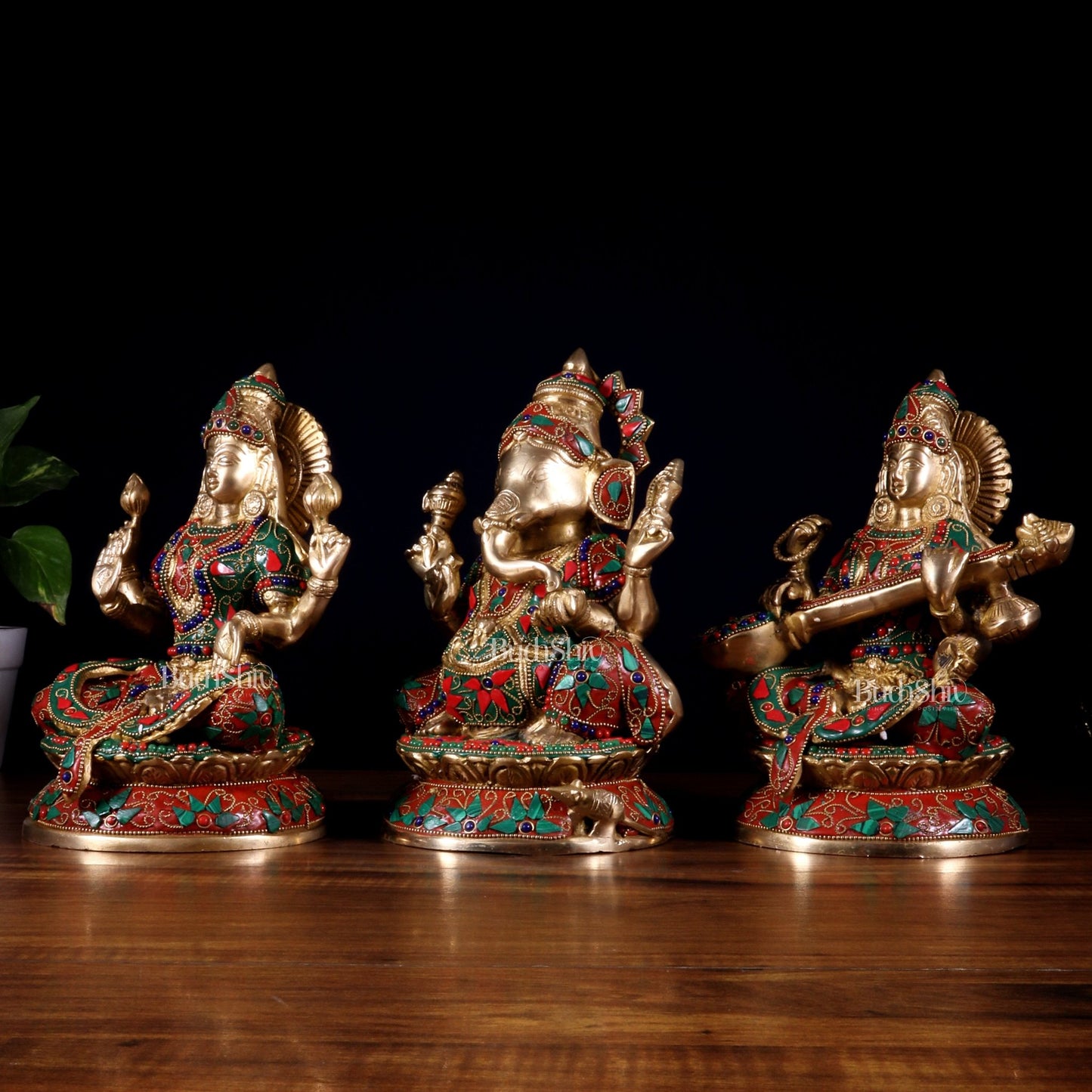 Pure Brass Ganesh Lakshmi Saraswati Idol Set – Intricate Floral Stonework 9.5 inch - Budhshiv.com