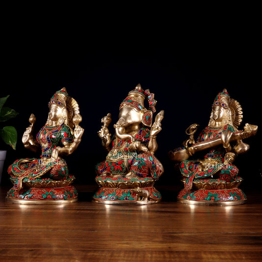 Pure Brass Ganesh Lakshmi Saraswati Idol Set – Intricate Floral Stonework 9.5 inch - Budhshiv.com