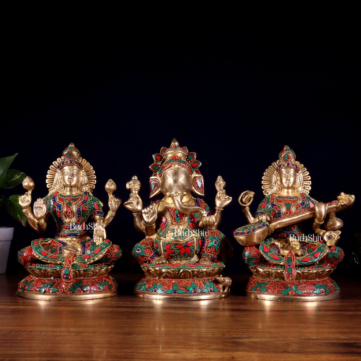 Pure Brass Ganesh Lakshmi Saraswati Idol Set – Intricate Floral Stonework 9.5 inch - Budhshiv.com