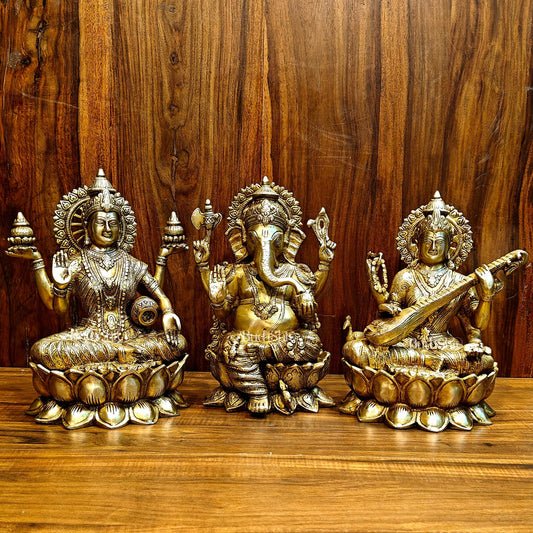 Pure Brass Ganesh Lakshmi Saraswati idols 12 inch - Budhshiv.com