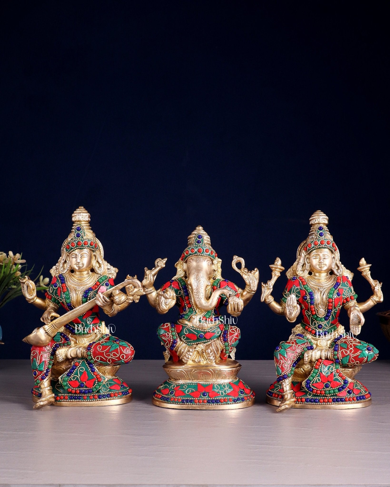Pure Brass Ganesh Lakshmi Saraswati Idols – Floral Meenakari Stonework 8" - Budhshiv.com