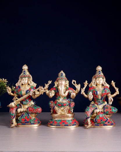 Pure Brass Ganesh Lakshmi Saraswati Idols – Floral Meenakari Stonework 8" - Budhshiv.com