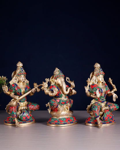Pure Brass Ganesh Lakshmi Saraswati Idols – Floral Meenakari Stonework 8" - Budhshiv.com