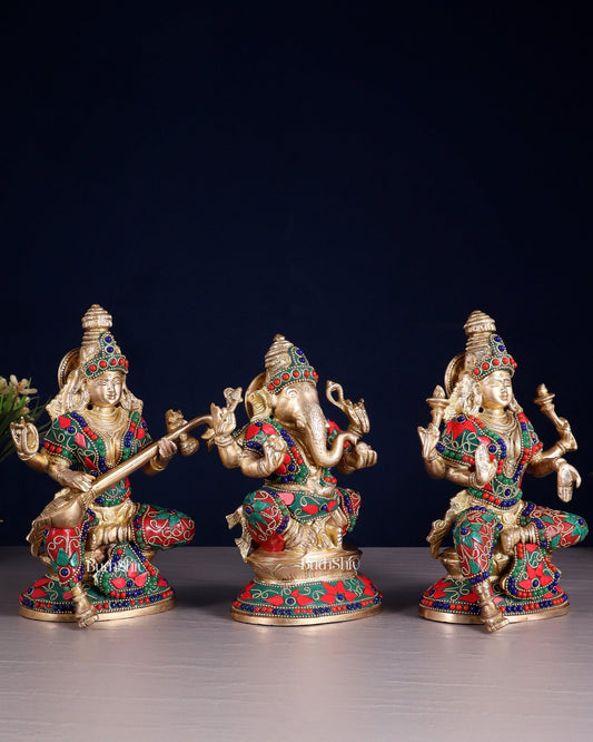 Pure Brass Ganesh Lakshmi Saraswati Idols – Floral Meenakari Stonework 8" - Budhshiv.com