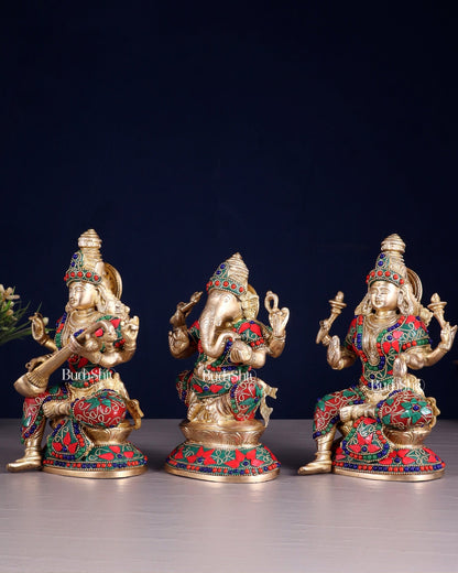 Pure Brass Ganesh Lakshmi Saraswati Idols – Floral Meenakari Stonework 8" - Budhshiv.com