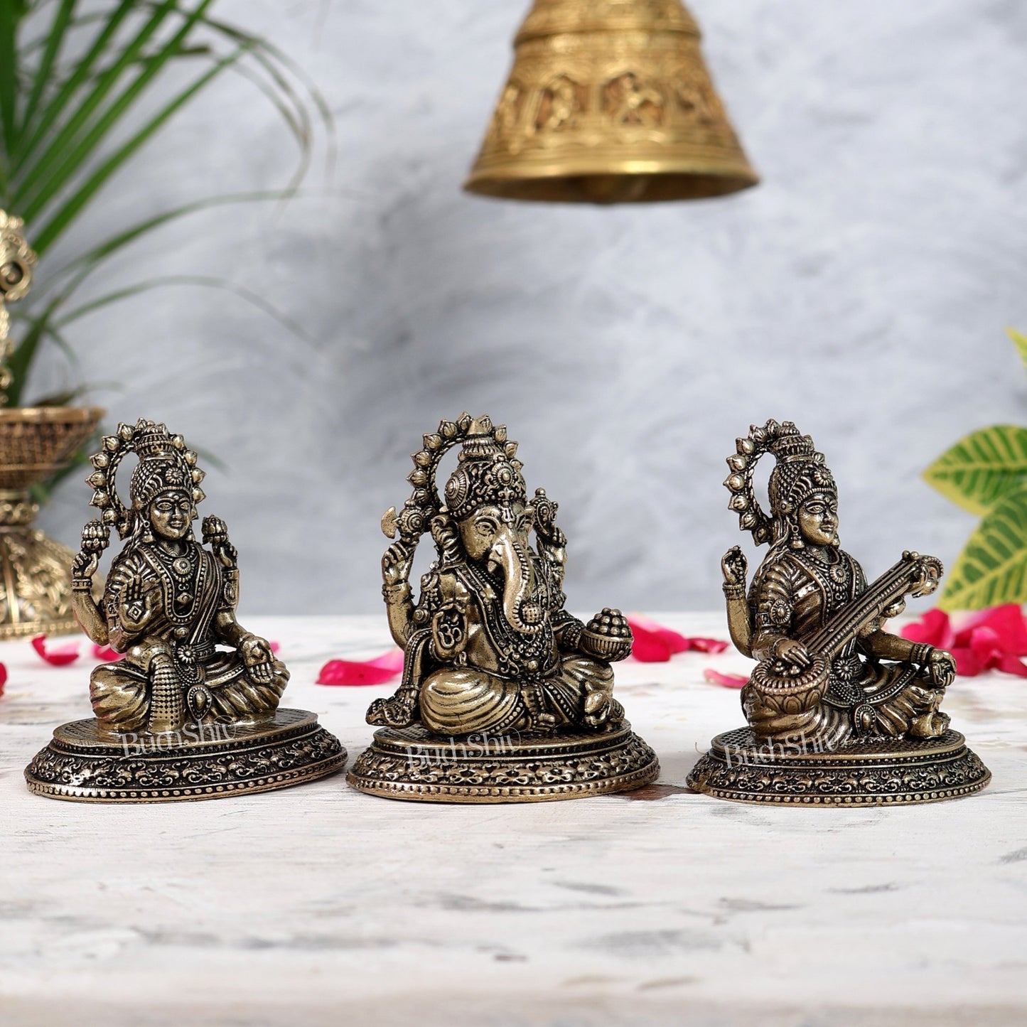 Pure Brass Ganesh, Lakshmi, Saraswati Intricate Idols 3" - Budhshiv.com