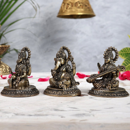 Pure Brass Ganesh, Lakshmi, Saraswati Intricate Idols 3" - Budhshiv.com