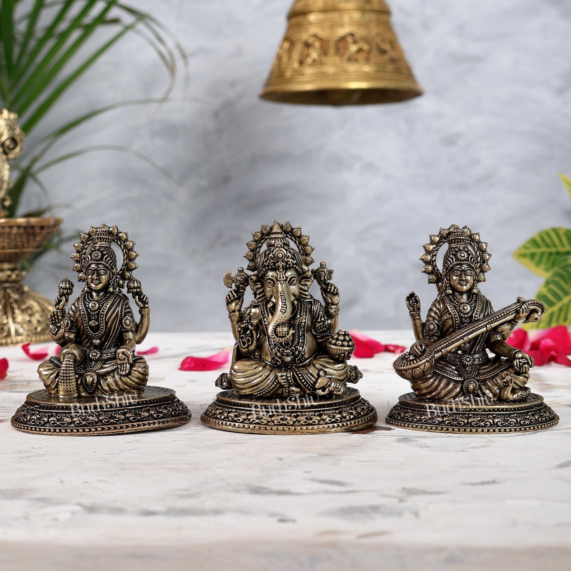 Pure Brass Ganesh, Lakshmi, Saraswati Intricate Idols 3" - Budhshiv.com