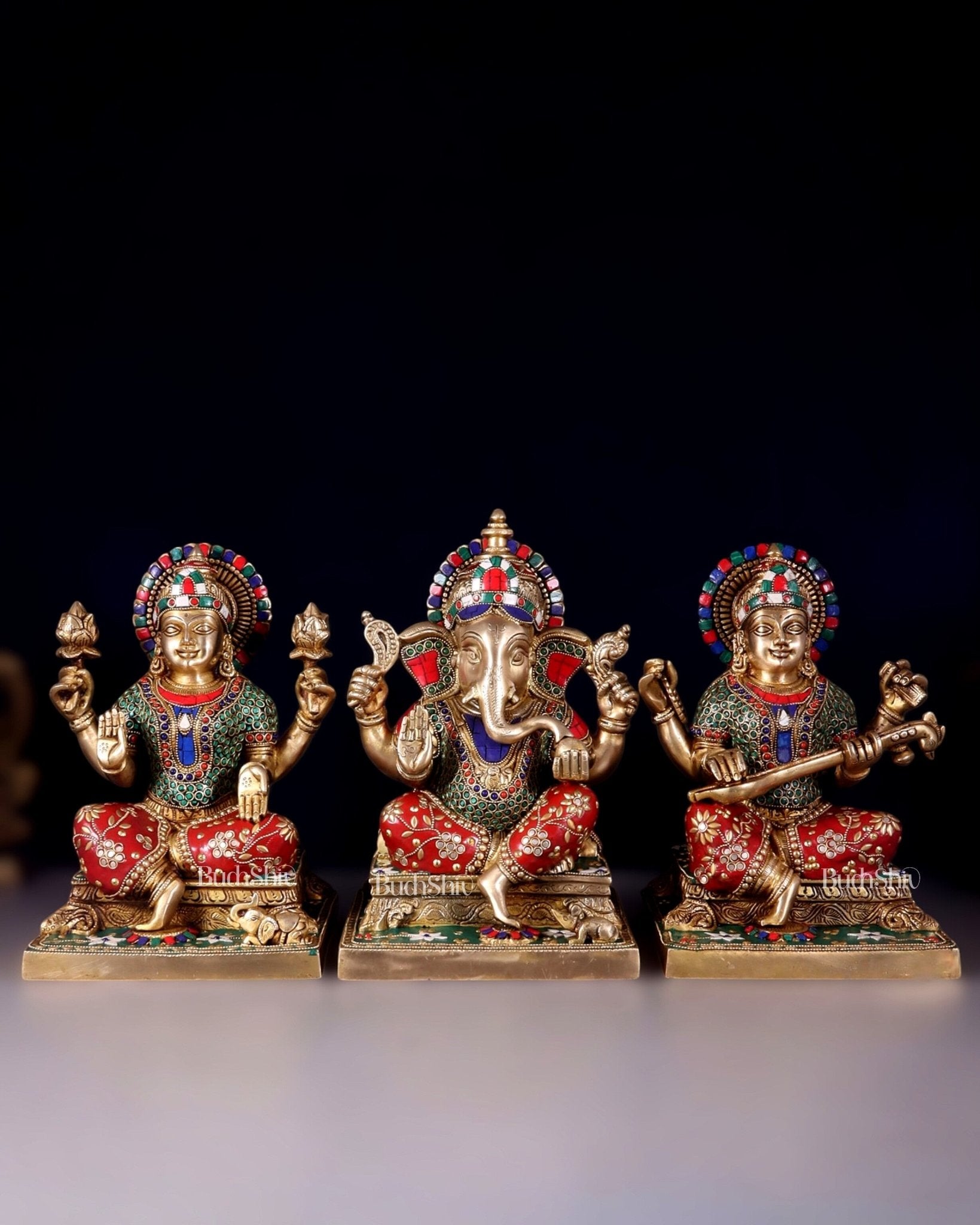 Pure Brass Ganesh Lakshmi Saraswati Statue Set 12 inch multicolour - Budhshiv.com
