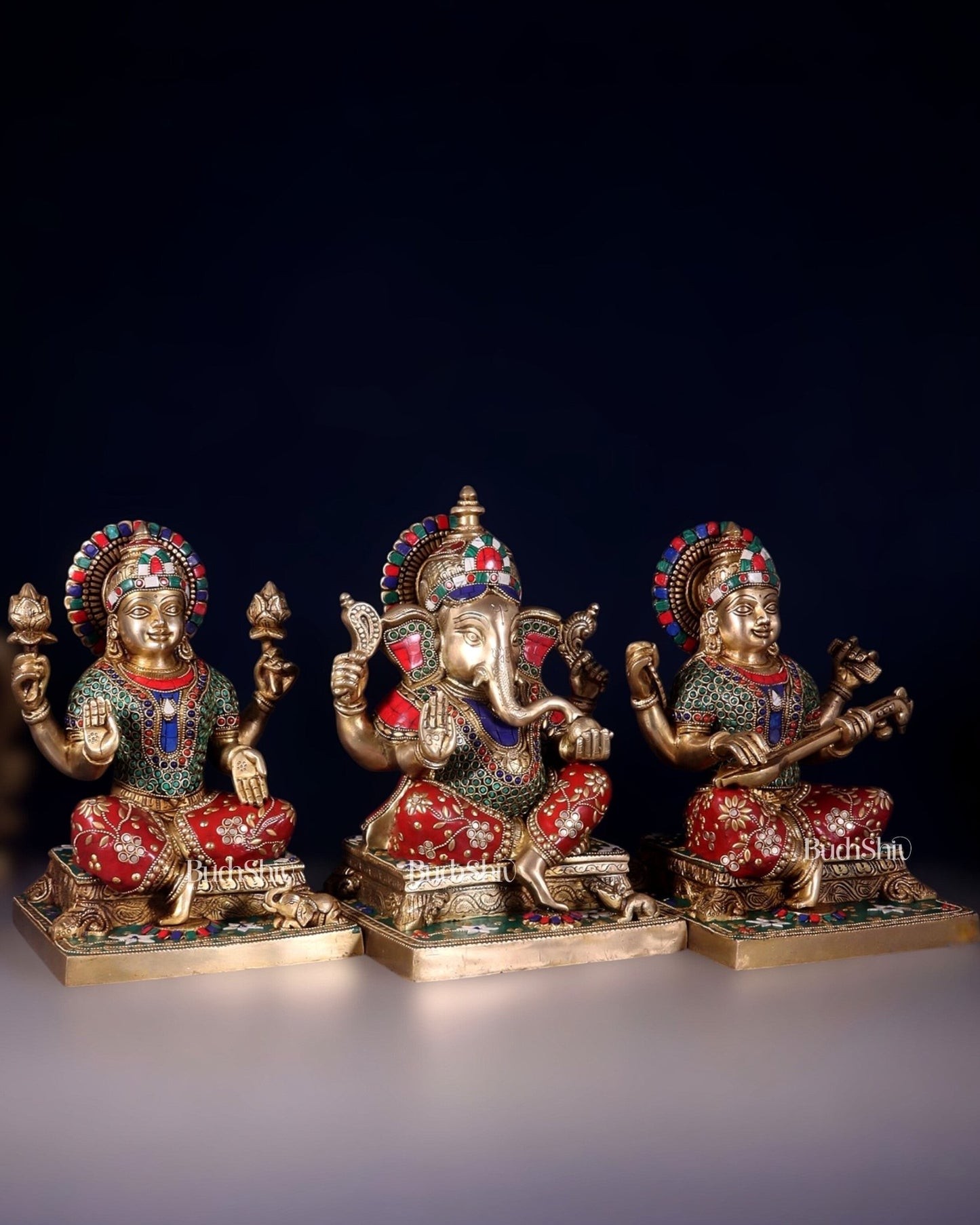 Pure Brass Ganesh Lakshmi Saraswati Statue Set 12 inch multicolour - Budhshiv.com