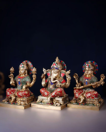 Pure Brass Ganesh Lakshmi Saraswati Statue Set 12 inch multicolour - Budhshiv.com