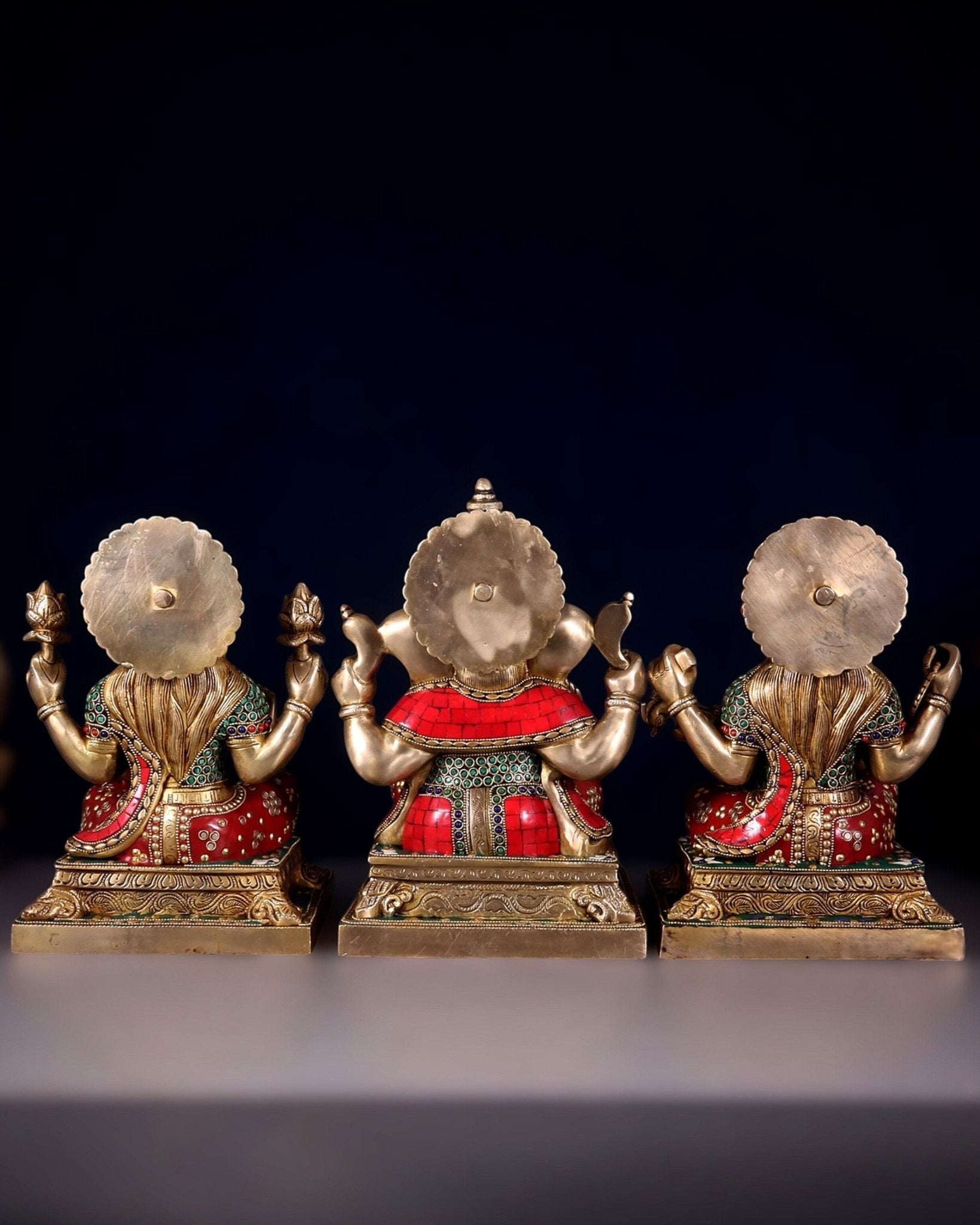 Pure Brass Ganesh Lakshmi Saraswati Statue Set 12 inch multicolour - Budhshiv.com