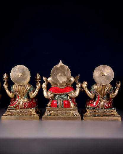 Pure Brass Ganesh Lakshmi Saraswati Statue Set 12 inch multicolour - Budhshiv.com