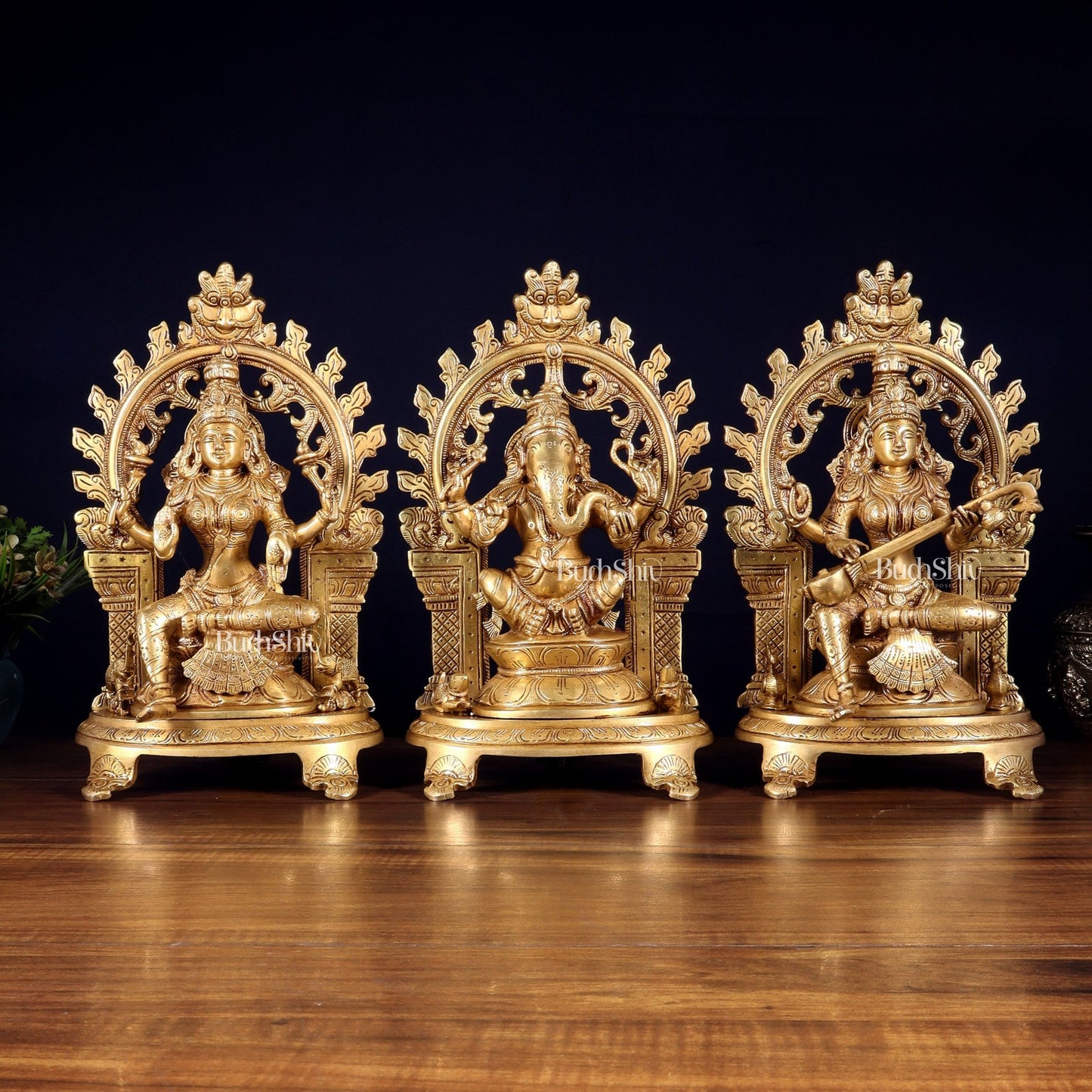 Pure Brass Ganesh, Lakshmi, Saraswati with Prabhavali Idols 12" - Budhshiv.com