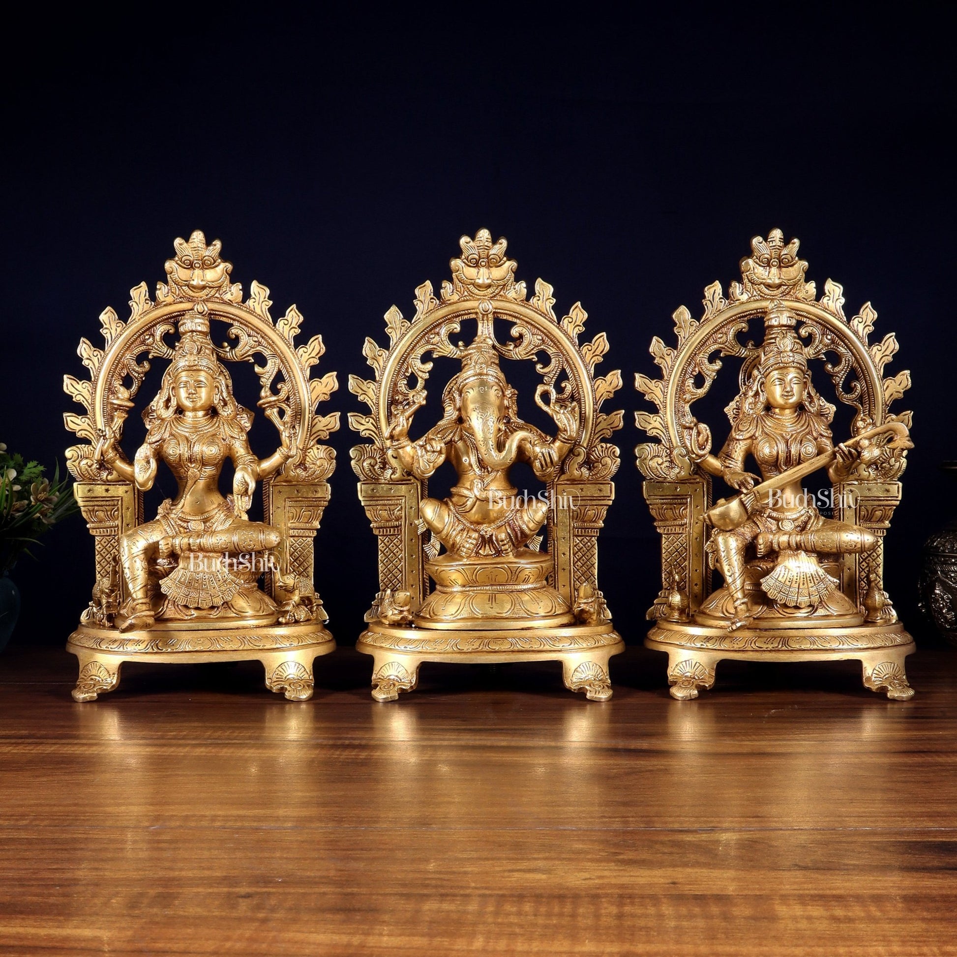 Pure Brass Ganesh, Lakshmi, Saraswati with Prabhavali Idols 12" - Budhshiv.com