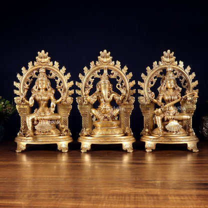 Pure Brass Ganesh, Lakshmi, Saraswati with Prabhavali Idols 12" - Budhshiv.com