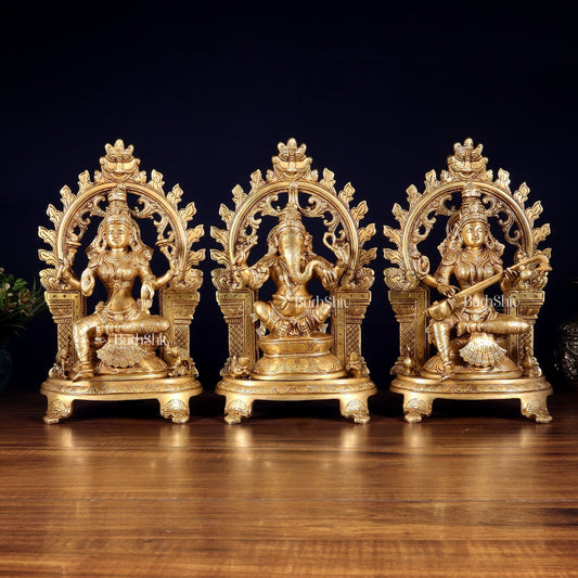 Pure Brass Ganesh, Lakshmi, Saraswati with Prabhavali Idols 12" - Budhshiv.com