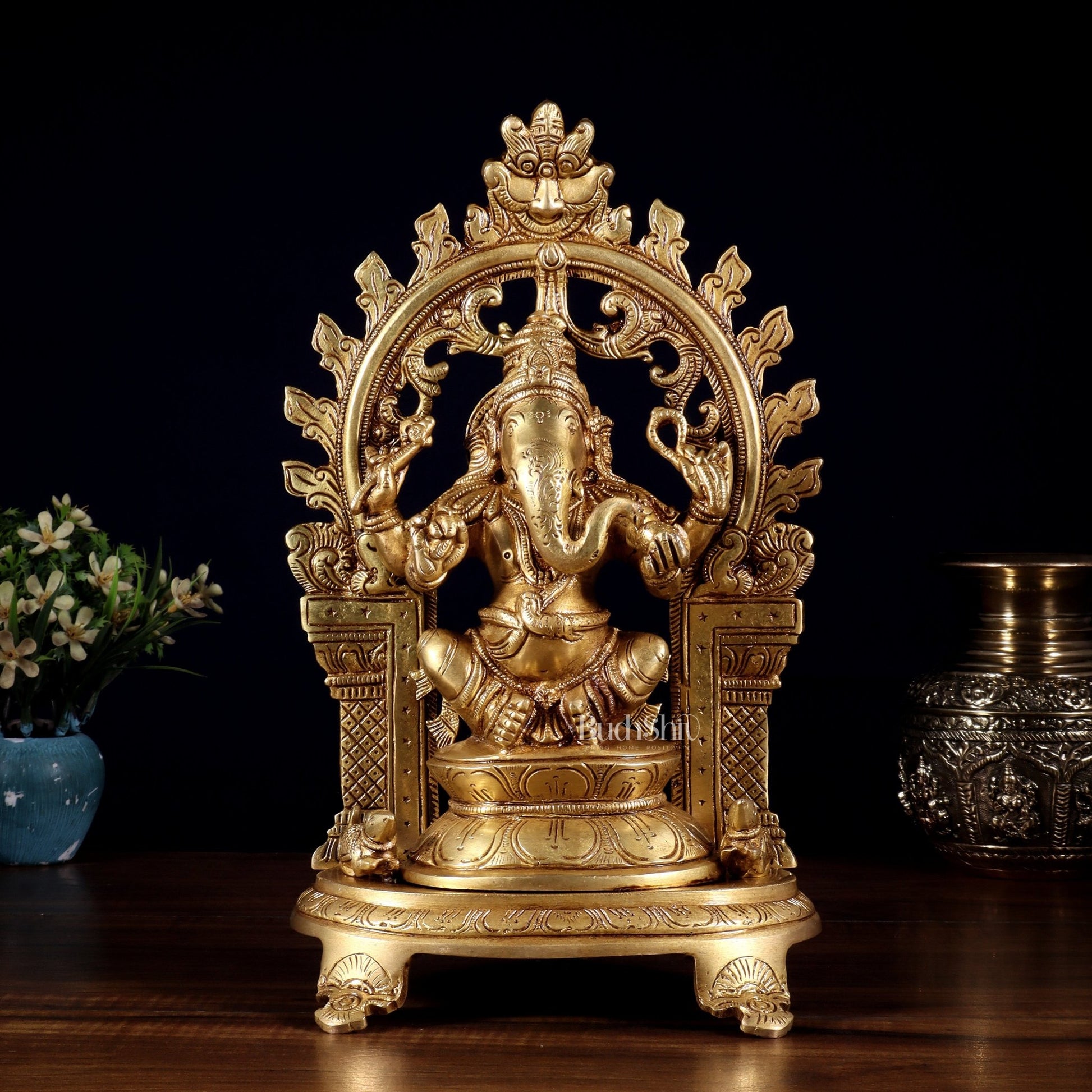 Pure Brass Ganesh, Lakshmi, Saraswati with Prabhavali Idols 12" - Budhshiv.com