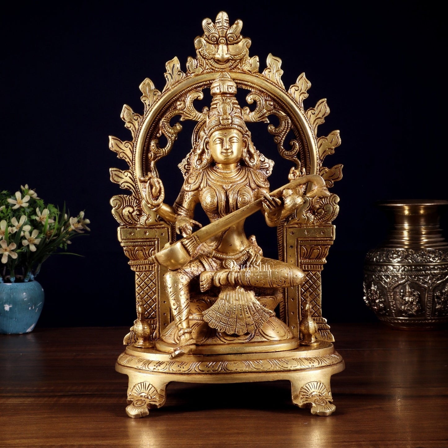 Pure Brass Ganesh, Lakshmi, Saraswati with Prabhavali Idols 12" - Budhshiv.com