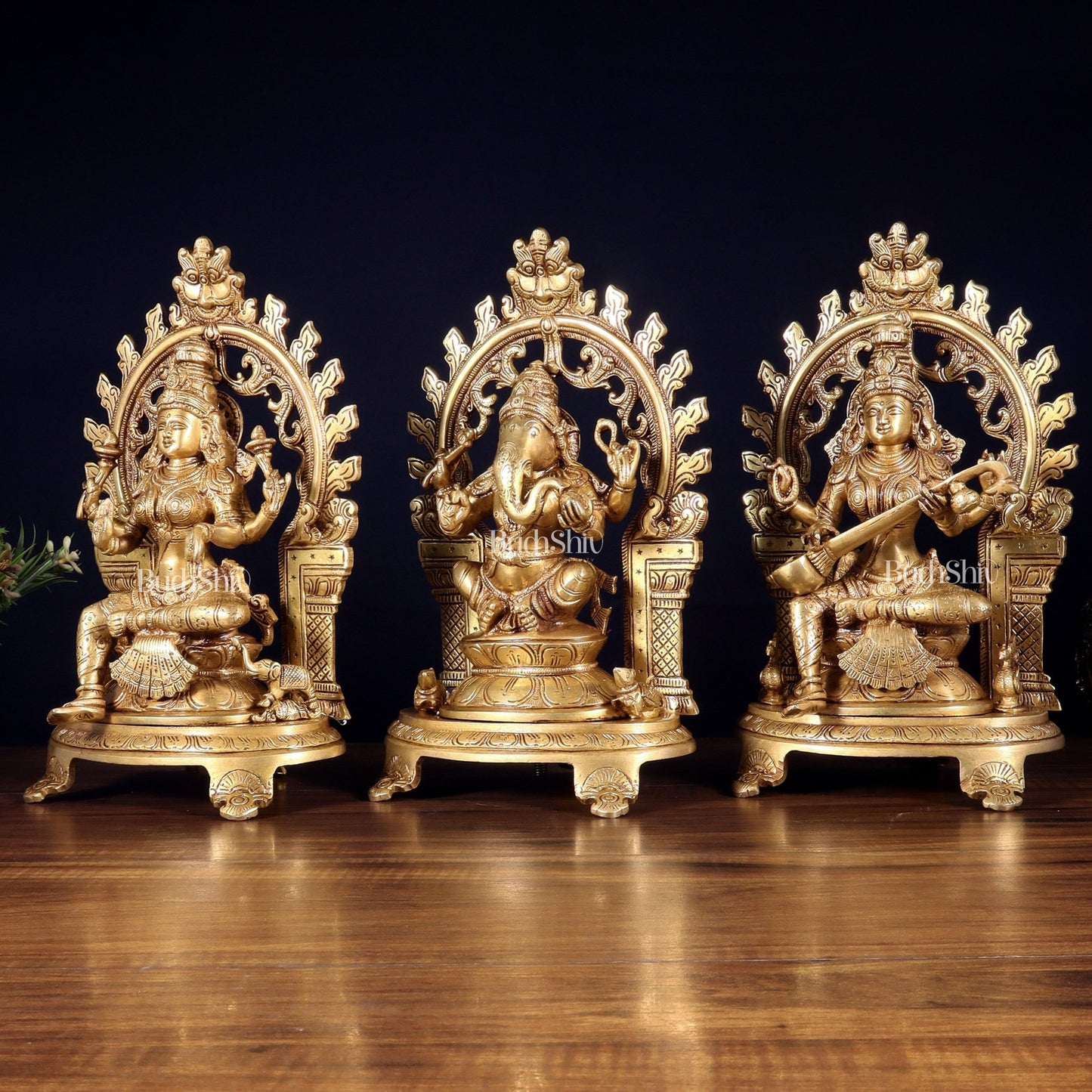 Pure Brass Ganesh, Lakshmi, Saraswati with Prabhavali Idols 12" - Budhshiv.com