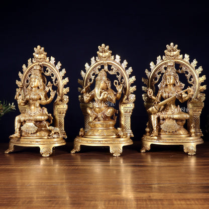 Pure Brass Ganesh, Lakshmi, Saraswati with Prabhavali Idols 12" - Budhshiv.com