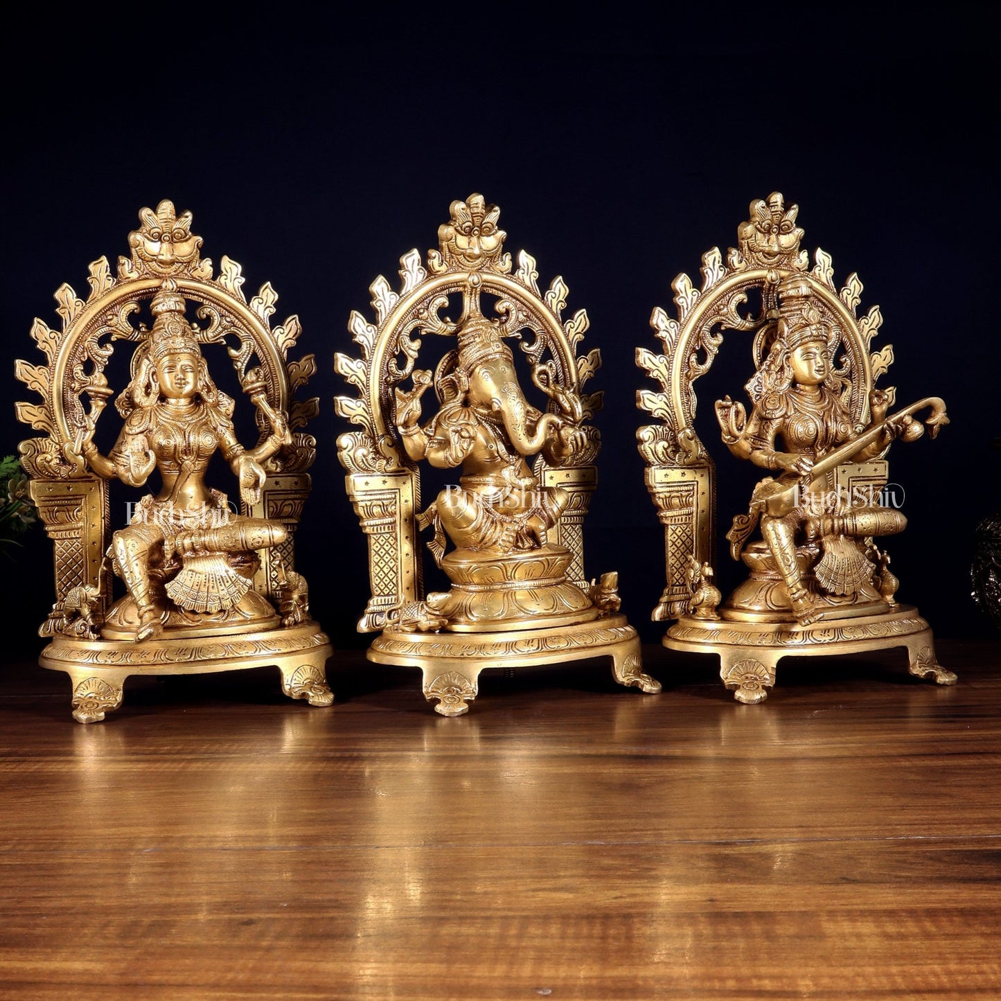 Pure Brass Ganesh, Lakshmi, Saraswati with Prabhavali Idols 12" - Budhshiv.com