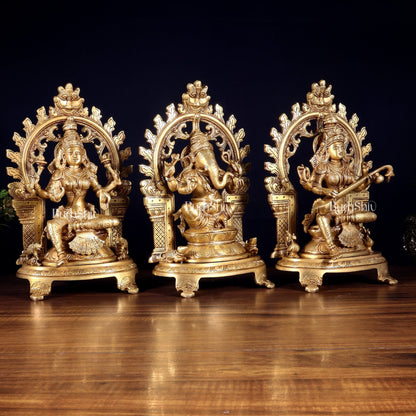 Pure Brass Ganesh, Lakshmi, Saraswati with Prabhavali Idols 12" - Budhshiv.com