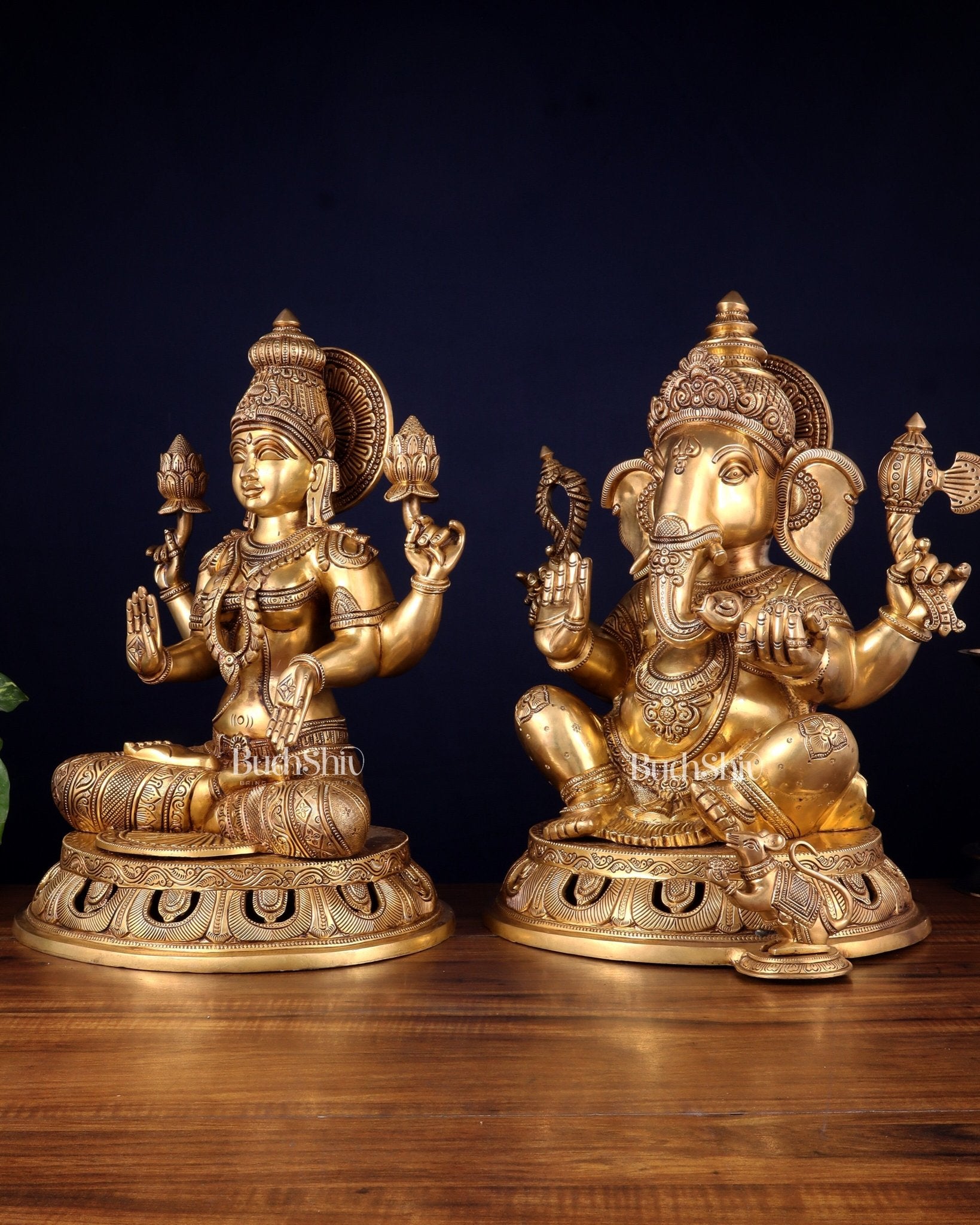 Pure Brass Ganesh Lakshmi Statue Pair – Superfine Handcrafted Idols 18" - Budhshiv.com