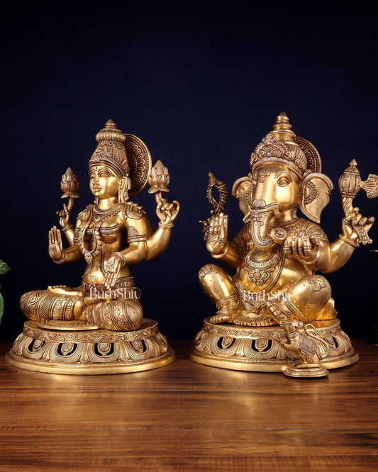 Pure Brass Ganesh Lakshmi Statue Pair – Superfine Handcrafted Idols 18" - Budhshiv.com
