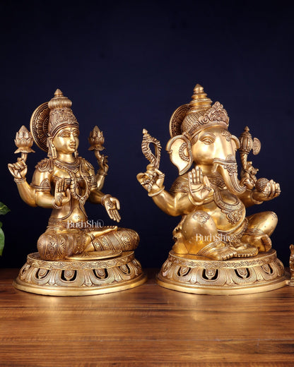 Pure Brass Ganesh Lakshmi Statue Pair – Superfine Handcrafted Idols 18" - Budhshiv.com