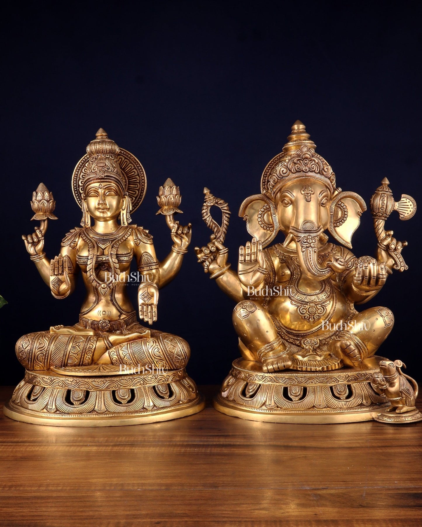 Pure Brass Ganesh Lakshmi Statue Pair – Superfine Handcrafted Idols 18" - Budhshiv.com