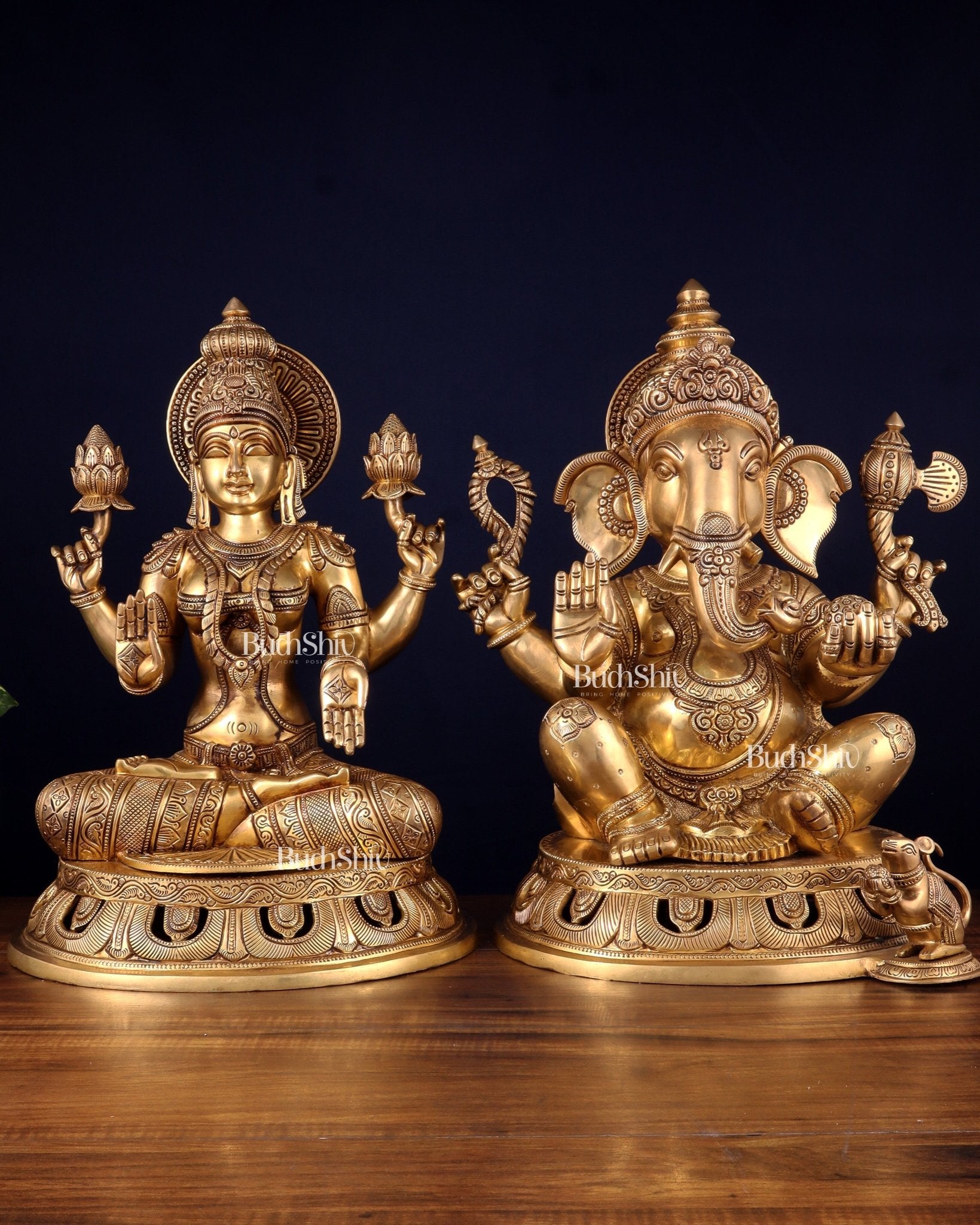 Pure Brass Ganesh Lakshmi Statue Pair – Superfine Handcrafted Idols 18" - Budhshiv.com