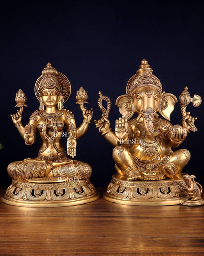 Pure Brass Ganesh Lakshmi Statue Pair – Superfine Handcrafted Idols 18" - Budhshiv.com