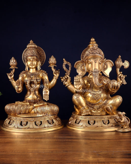 Pure Brass Ganesh Lakshmi Statue Pair – Superfine Handcrafted Idols 18" - Budhshiv.com